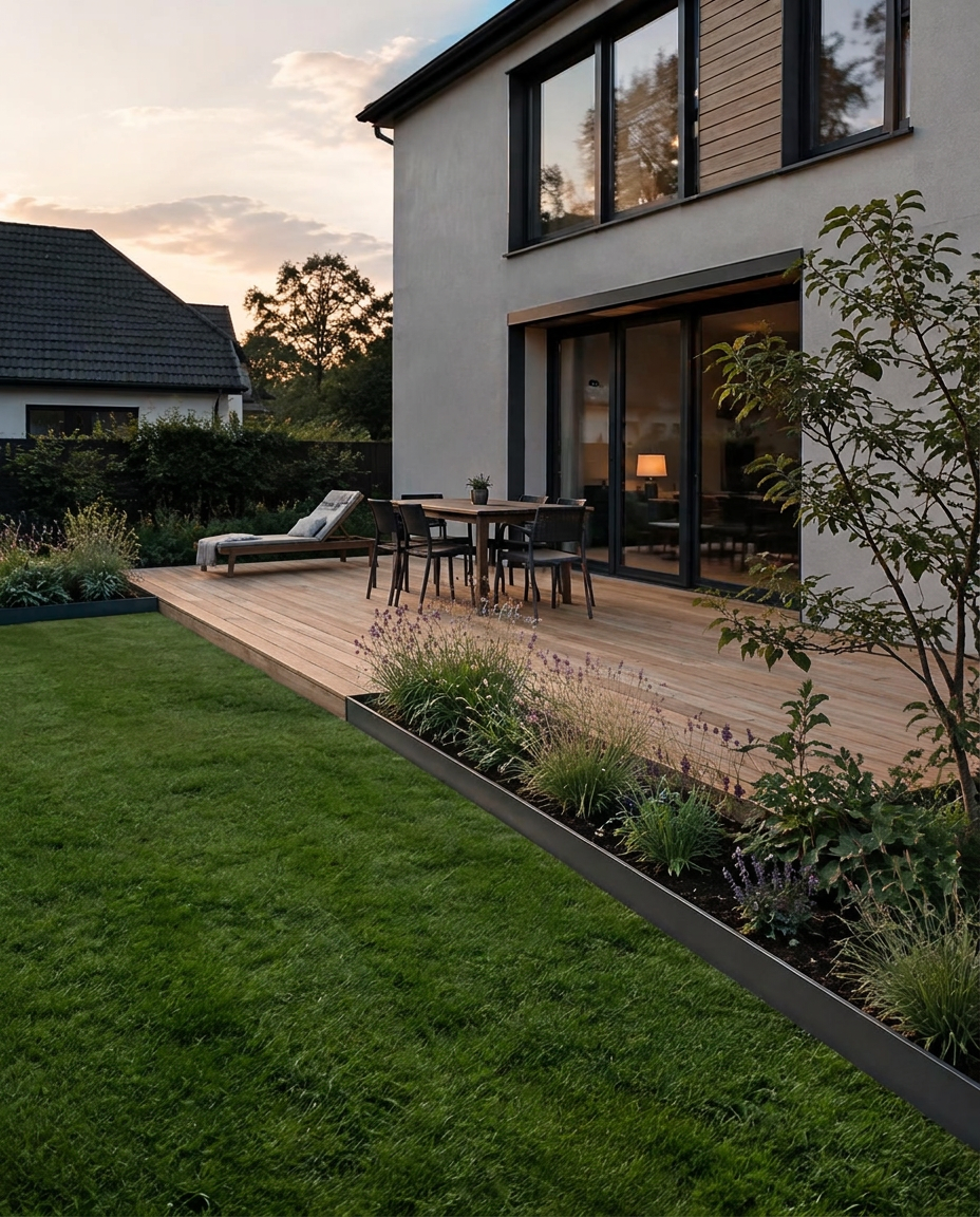 Neu angelegte Holzterrasse mit Rasenfläche und Beet mit Stahleinfassung