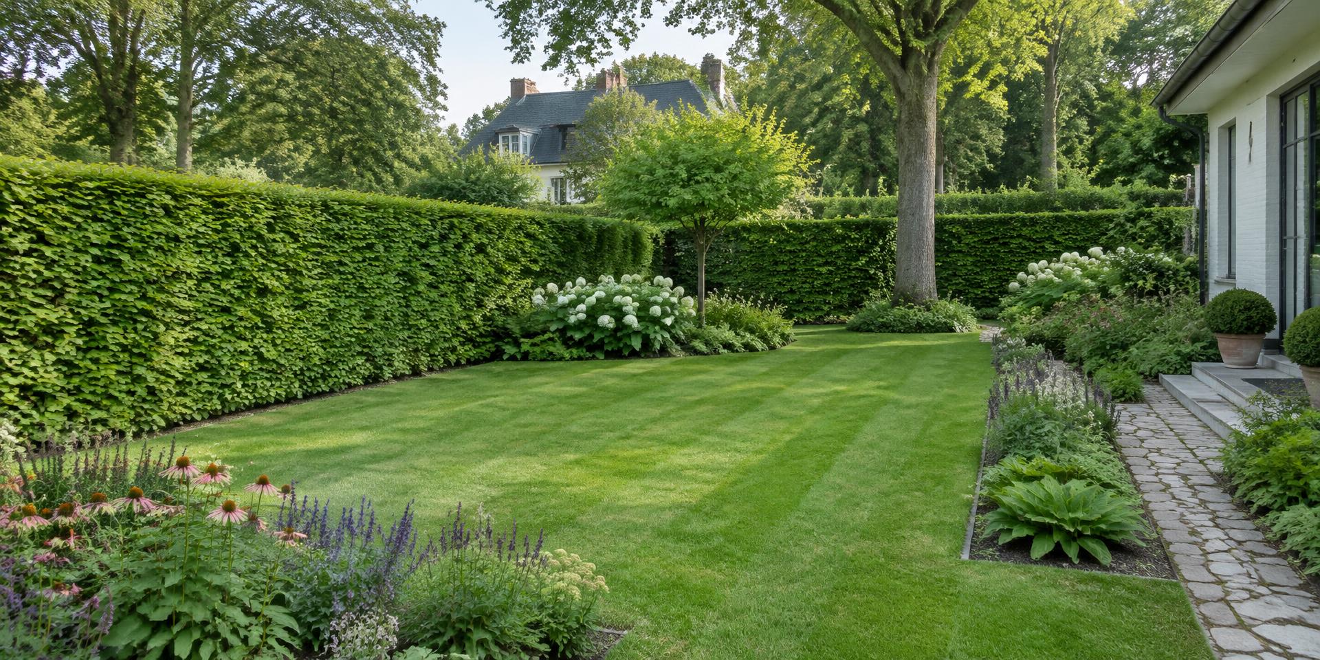 Gepflegter Garten mit geschnittener Hecke, Rasen und Staudenbeeten