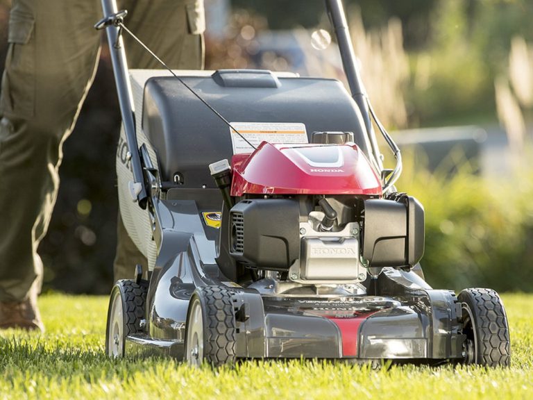 Rasenmäher mit rotem Motor auf grünem Rasen im Hintergrund.