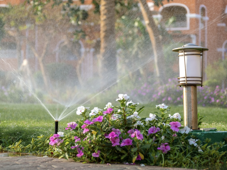 Bunter Garten mit Teich, Wasserfall und verschiedenen Pflanzen und Sträuchern.