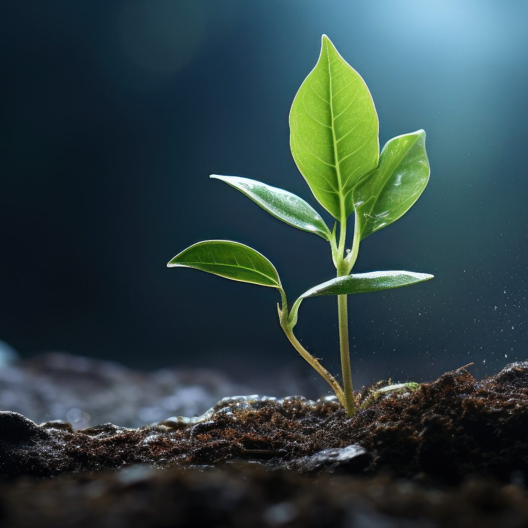 Zarte Pflanze mit frischen grünen Blättern, die aus der Erde sprießt.