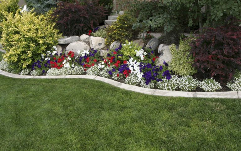 Bunte Blumenbeete mit verschiedenen Pflanzen und grüner Rasenfläche.