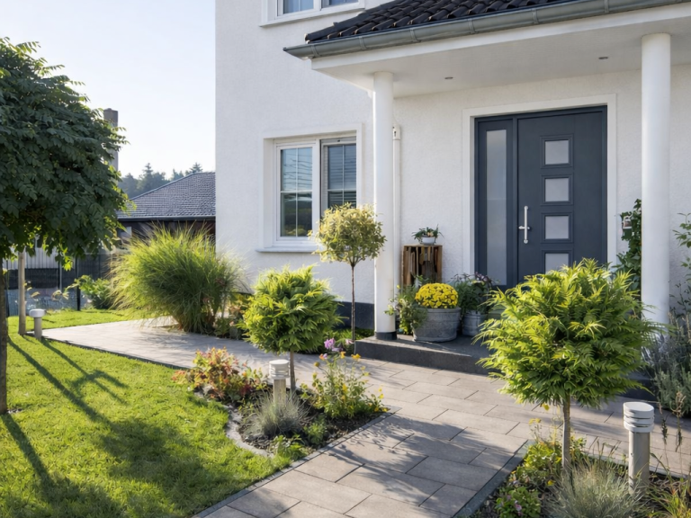 Gärtner bewässert Blumenbeete mit einem Schlauch in einer farbenfrohen Gartenlandschaft.