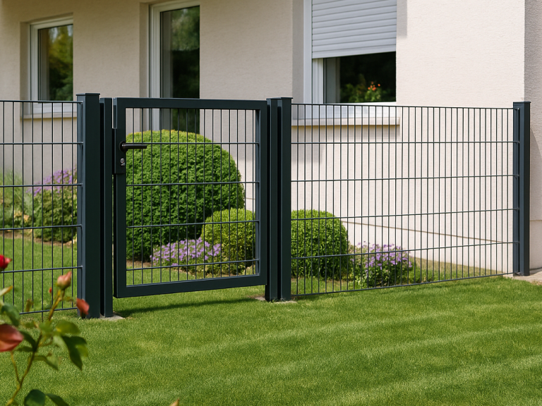 Schwarzmetalldrahtzaun mit Tor umgeben von grünen Pflanzen und einem Haus.