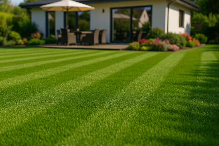 Rasen mit gleichmäßigen Streifen vor einem modernen Haus mit Terrasse und Sonnenschirm.